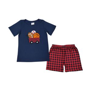 Boys clothes suit short sleeves blue balls top plaid shorts kids boys outfits boutique suit low price clothes