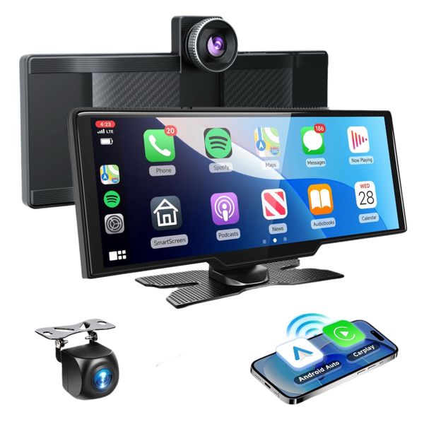 Universal Portable 10.26'' HD Touch Screen Wireless Apple Carplay/Android Auto Car Stereo Car camera 4K front and rear dash cam