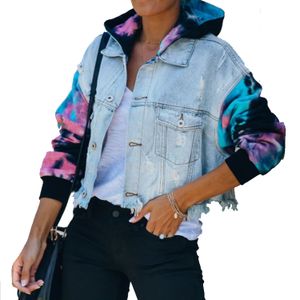 Fashion women autumn  full tie dye teddy sleeve denim jacket  with hood