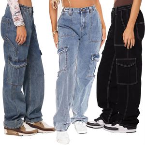 Womens High Waist baggy Casual Jeans Trousers Pocket Wide Leg Denim Cargo Jeans Pants