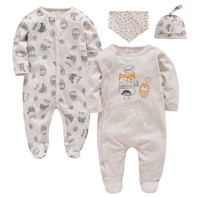 New design OEM organic cotton baby clothes romper jumpsuit set 2 pcs with hat and bid cute print for newborn