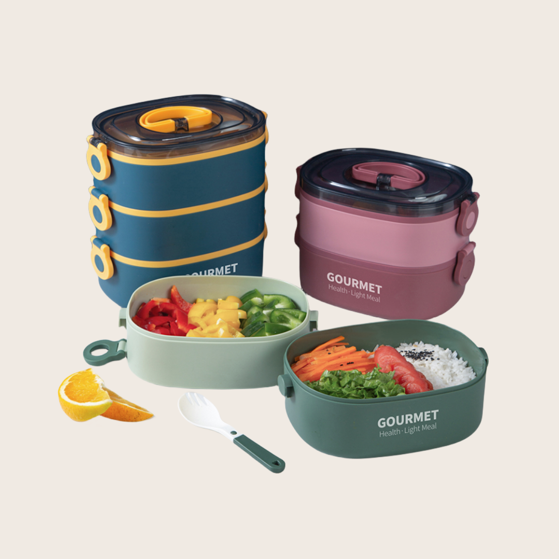 Portable plastic bento box, stackable set of stainless steel insulation box, insulated lunch box with tableware