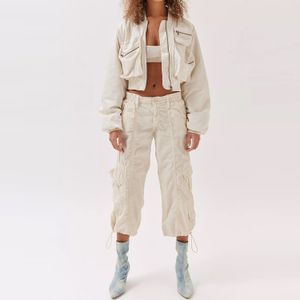 Custom Spring  Women Zip Up Cargo Jacket Match Long Trouser Windbreaker Sets