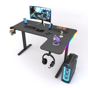 Small L-Shaped LED Lights Desk for Home Office & Gaming Extendable Corner Desk with Hooks for Bedroom for Space-Saving Workspace