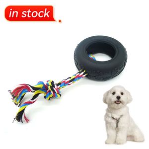 In Stock Interactive Dog Durable Tough Natural Rubber Pet Chewing Rope Toy Rubber Dog Tire Toy With Rope