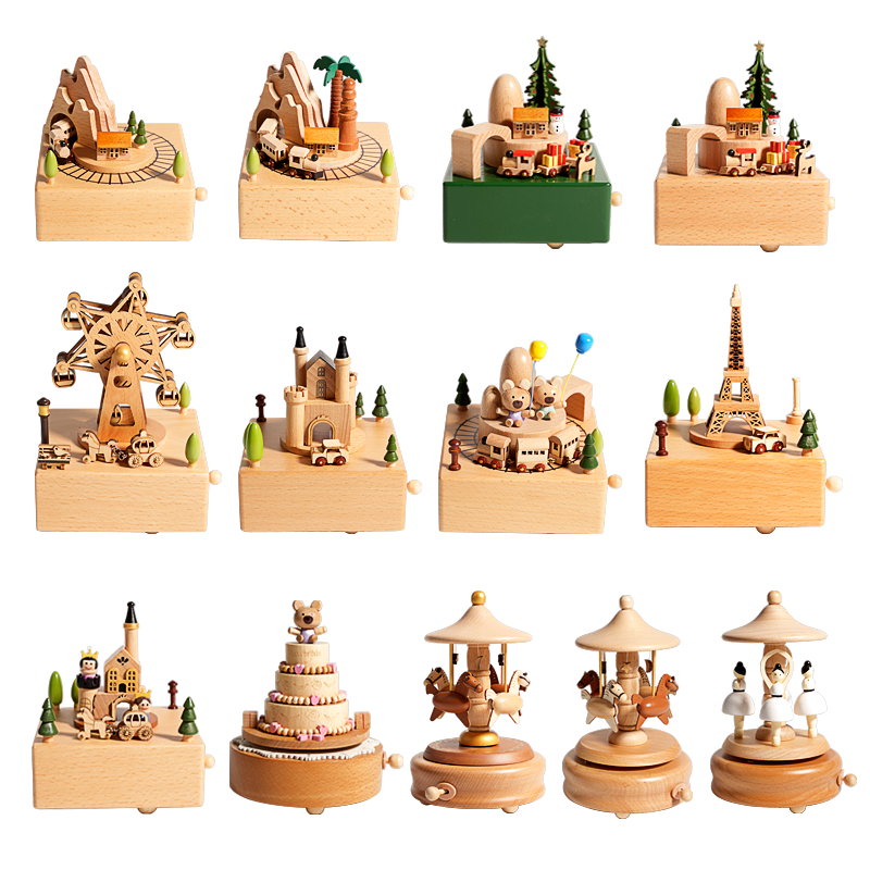 Creative Popular Fun Lovely Toy Movable Wooden Customized Carousel Music Box for Kids
