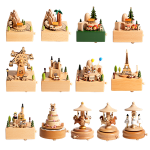 Creative Popular Fun Lovely Toy Movable Wooden Customized Carousel Music Box for Kids