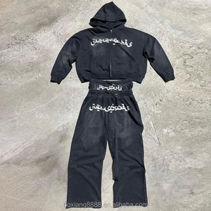 Custom Logo Screen Printing Acid Wash Vintage Zip Up Sun Faded Cropped Hoodies Streetwear Double Waist Pant Tracksuits For Men