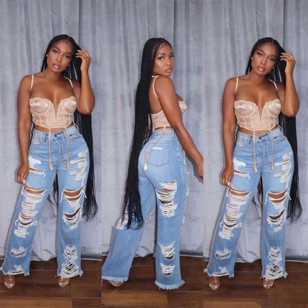 Fashion New Plus Size Ripped Denim Straight Loose Wide Leg For Women's Pants Trousers