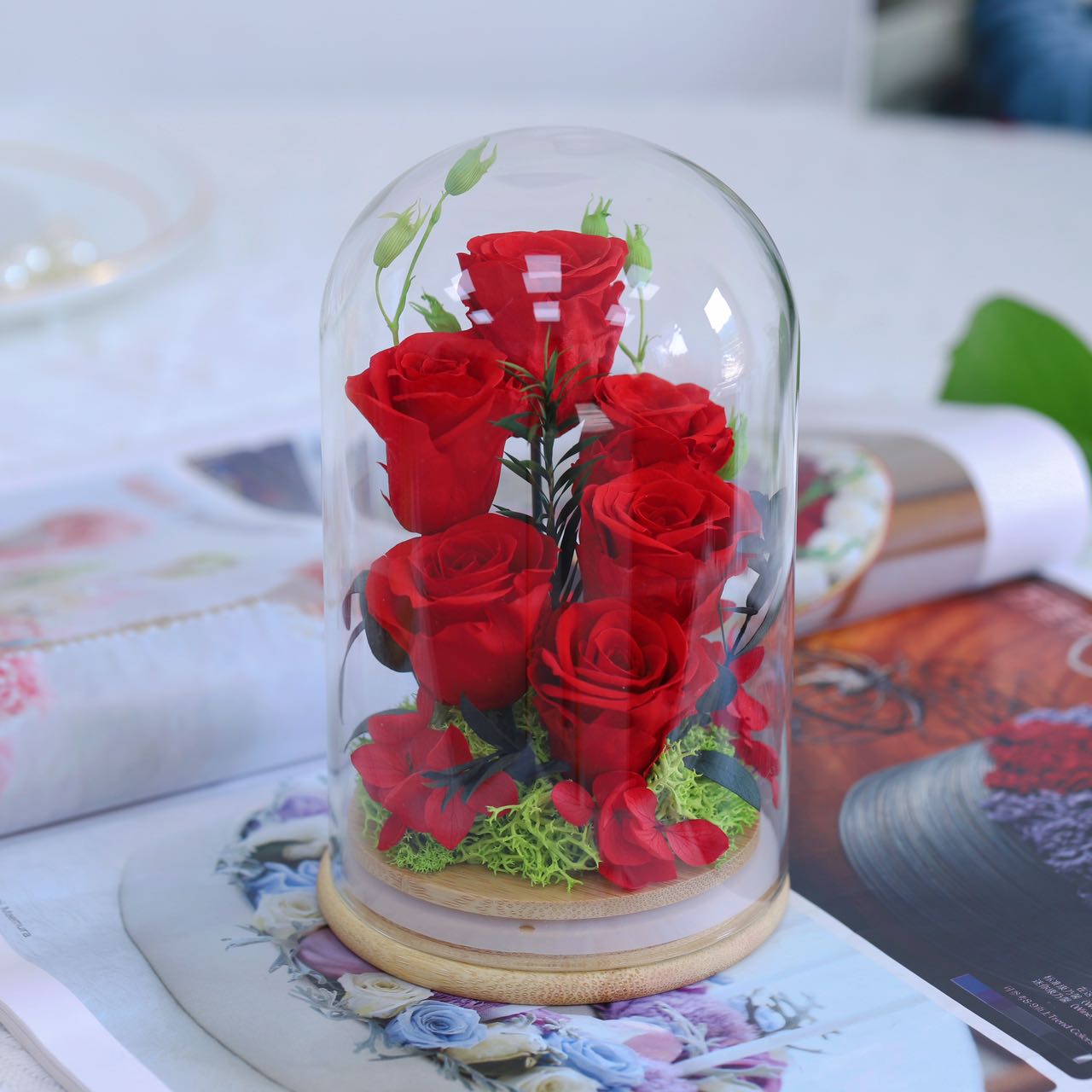 Caijun Import & Export (yunnan) Co., Ltd. Wholesale Forever Roses 6pcs Preserved Kunming City Flowers in Glass Dome for Christmas Graduation Halloween Easter Occasions