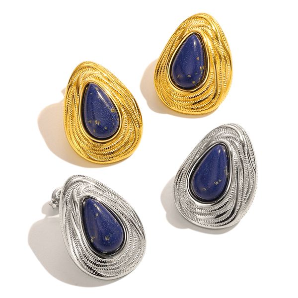 MICCI 18K Gold Plated Jewelry Stainless Steel Chunky Water Drop Shaped Lapis Lazuli Earrings In Bulk