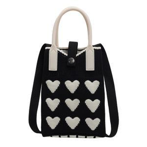Fashion Love Heart Sweet Mini Tote Woven Casual Handbag Simple Shoulder Bag Coin Purse Cute Knitted Mobile Phone Bag for Women