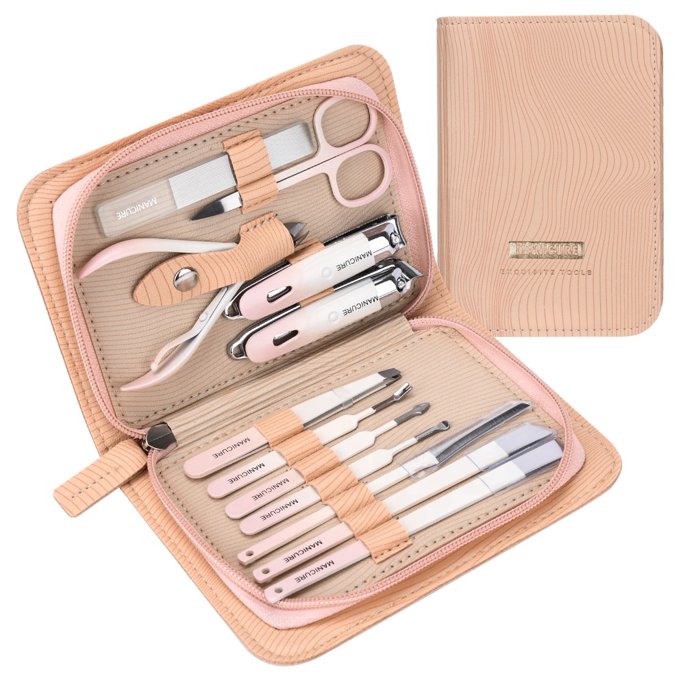 Hot Sale Luxury 12PCS  Portable Manicure & Pedicure Kit Gradient Pink Carbon Steel Grooming Set for Woman Men