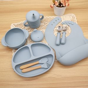 Custom Bpa Free Safe Kids Food Divided Plate Bowl Spoon Gift Set Silicone Baby Feeding Tableware Set