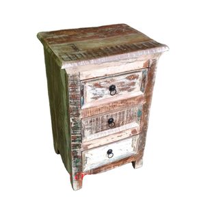 Vintage Indian  Recycled Wood Antique Style Side Table End Table 3 Drawer Bedside