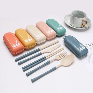 4pcs Eco Friendly Mixed Color Wheat Straw Cutlery Set Folding Spoon Fork Knife Chopsticks Set With Case