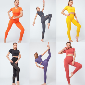 Wholesale Ladies Gym Sport Wear Girl Athletic Workout Suit Short Sleeve Crop Top Mesh breathable Leggings Women Fitness Yoga Set
