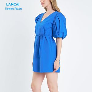 Custom Clothing Design Manufacturers 100% Cotton Printing Puff Short Sleeve Midi Flora Casual Women Dress