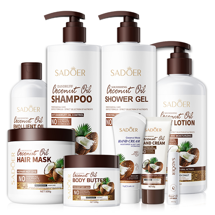 OEM SADOER private label wholesale coconut shower bath gel hair shampoo cleansing skin care moisturizing whitening body wash set