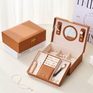 Luxury brown PU leather jewelry cabinet with mirror, travel jewelry box with mirror, jewellery cabinet with mirror.