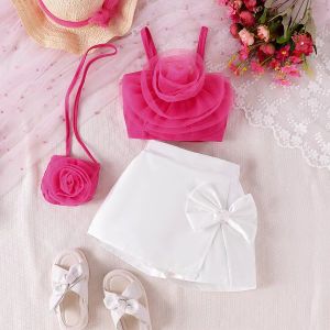 Hot Sale Kids Clothes Girls Outfit Mesh Flower Top+Bow knot Irregular Skirt Pants+Floral Bag 3pcs Children's Sets For Girls
