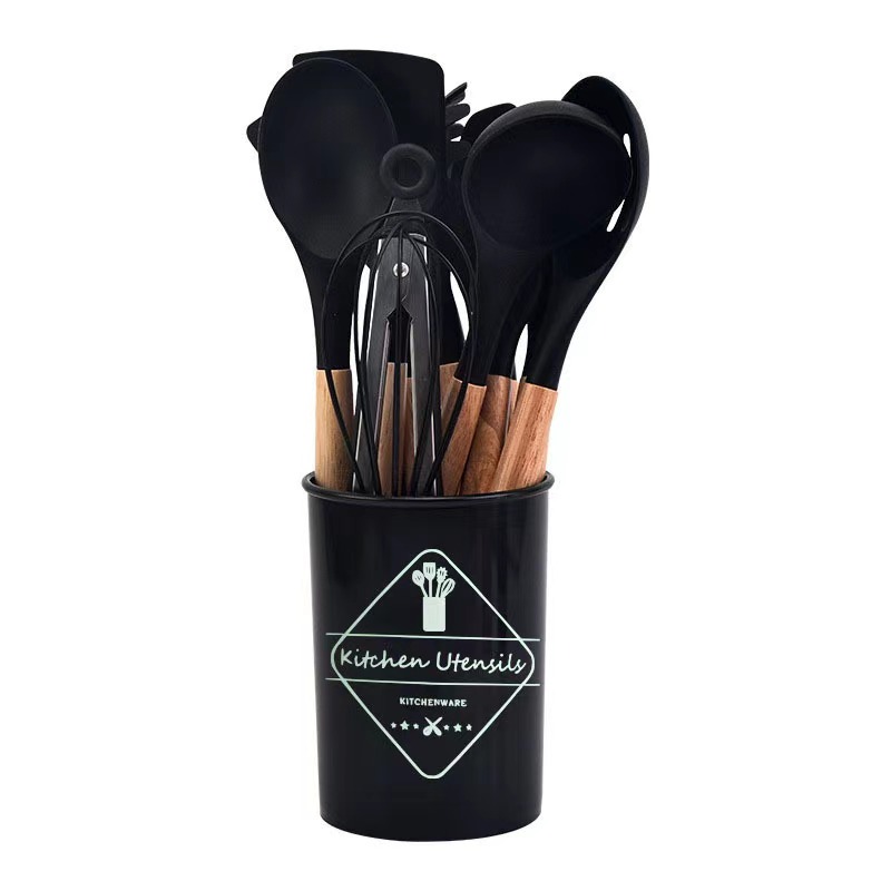 Can Kitchen 12pcs Silicone Kitchen Accessories Utensils Set With Wooden Handle For Cooking