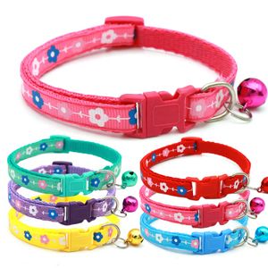 Adjustable Small Dog Pet Cat Nylon Collar with Cute Flowers Printing and Small Bell Solid Pattern Easy to Fit