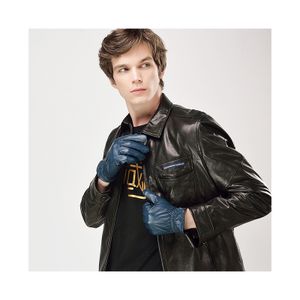 Men's Blue Winter Real Leather Driving Gloves with Comfortable Polyester Lining Custom Logo Stylish Plain Design for Travel