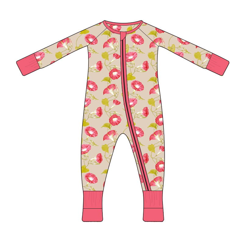 custom Organic Bamboo Clothing zipper Baby Rompers digital printing girl flower Newborn jumpsuits baby clothes 2pcs set