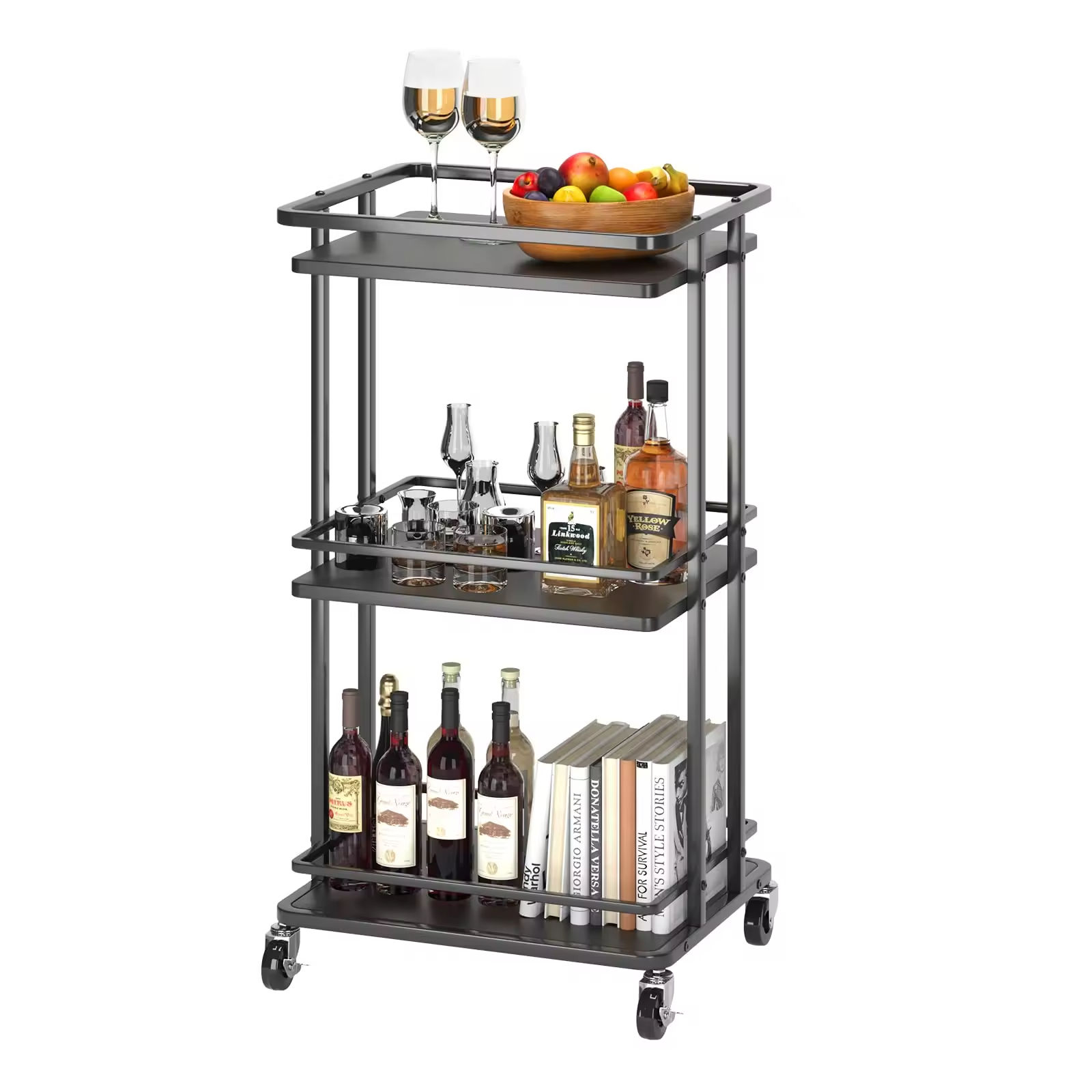 3 Tier Bar Cart for Home Rolling Bar for Wine Drinks Dinner Party, Utility Kitchen Storage Island Service Trolley