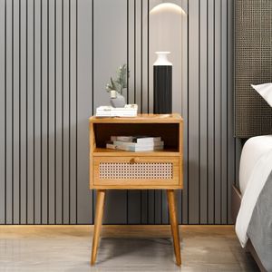 Wholesale Custom Rattan Style Rattan Wood Bedside Tables Storage Rattan Side End Table Wood Nightstand For Bedroom