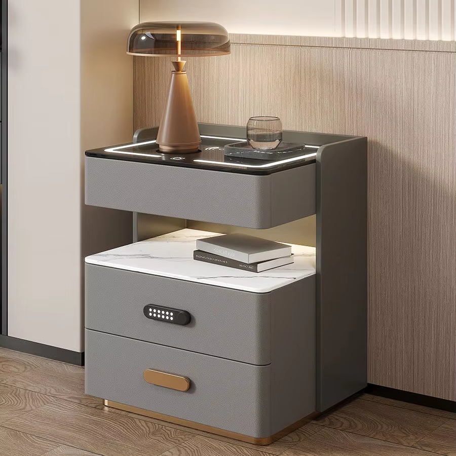 Ganzhou Mingwuju Furniture Co., Ltd Smart bedside table with wireless charging adjustable 3-color light drawer solid wood bedside table for the bedroom