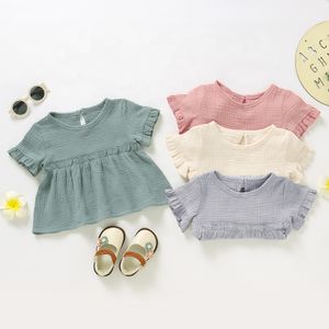 wholesale 100% Organic Cotton Muslin Ruffle Sleeve Cuff Baby Girls Dress Top Clothing