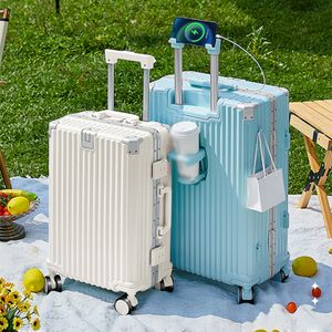 2024 Unisex Custom Suitcase Hot Selling USB Charging Travel Trolley Luggage Front Hook Side Hook Phone Holder Spinner Carry-Ons