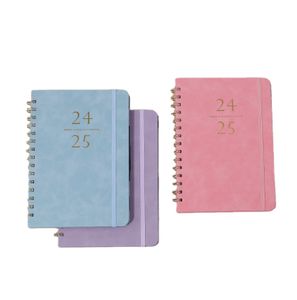 Factory New Arrival Spiral Binding Gold Foil Stamping Logo A5 PU Hardcover Weekly Monthly Planner With Elastic Band & Pocket