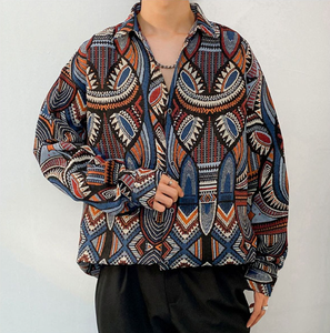 Wholesale Spring Fall Retro  Vintage Style  Button Down  Men's Loose Jacquard Shirt Outerwear Jackets