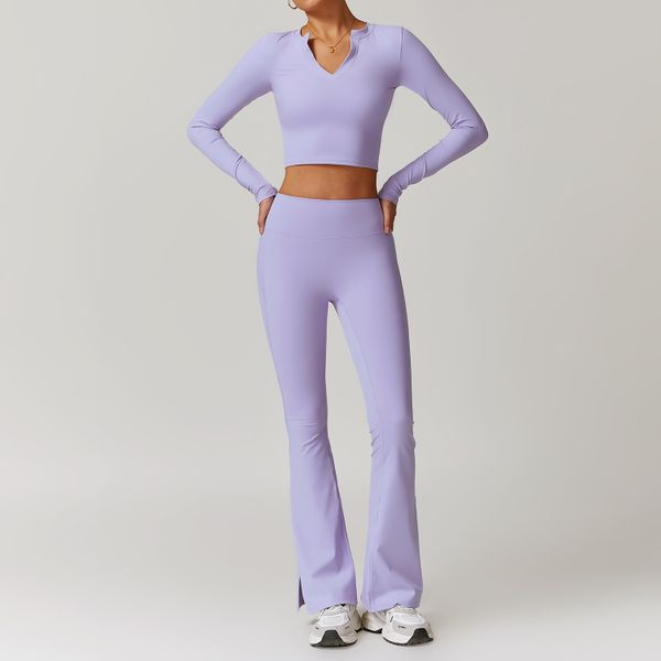 autumn nylon long sleeves tshirt and flared pants two pieces tracksuit fall 2024 women clothes training jogging wear clothing