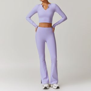 autumn nylon long sleeves tshirt and flared pants two pieces tracksuit fall 2024 women clothes training jogging wear clothing
