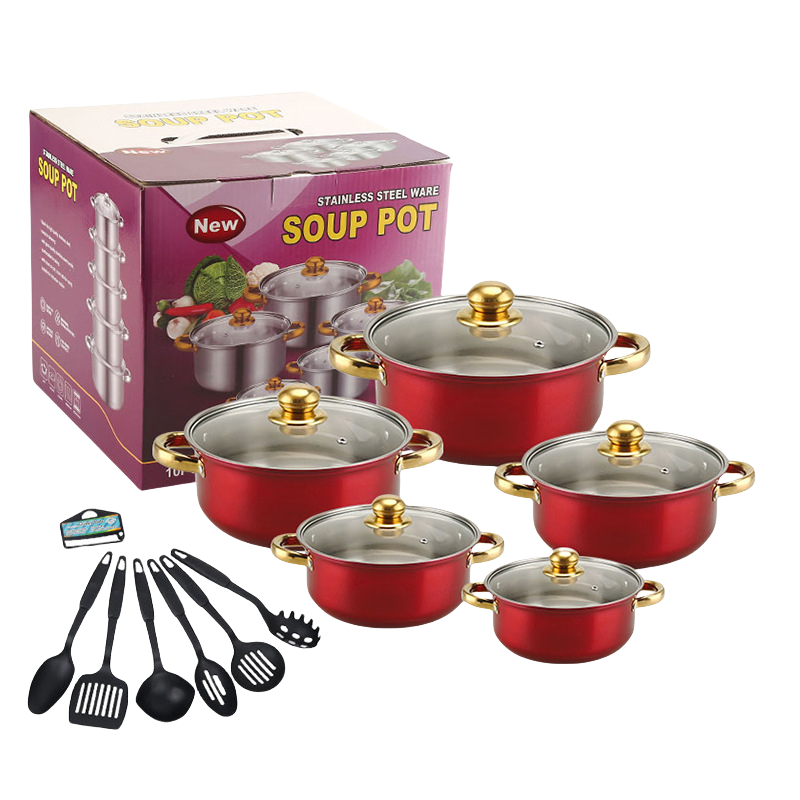 Yiwu Kangpahe Kitchenware Co., Ltd. Manufacturers hot stainless steel red pot set with glass cover kitchen cookware