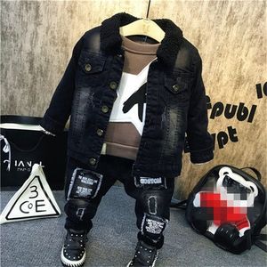 Children Black Ripped Jacket Clothing Boys Hip Hop Denim Fleece Jacket Coat For Fall winter