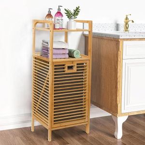 Bathroom Shelf with Removable Laundry Basket Bamboo Cabinet with 2 Shelves Dirty Clothes Storage Rack Foldable Laundry Hamper