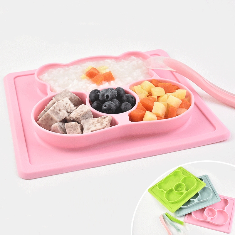 New Wholesale Bpa Free Baby Mat Feeder Cup Spoon Kids Divider Silicon Dishes Feeding Set For Baby Bowl Silicone Plate