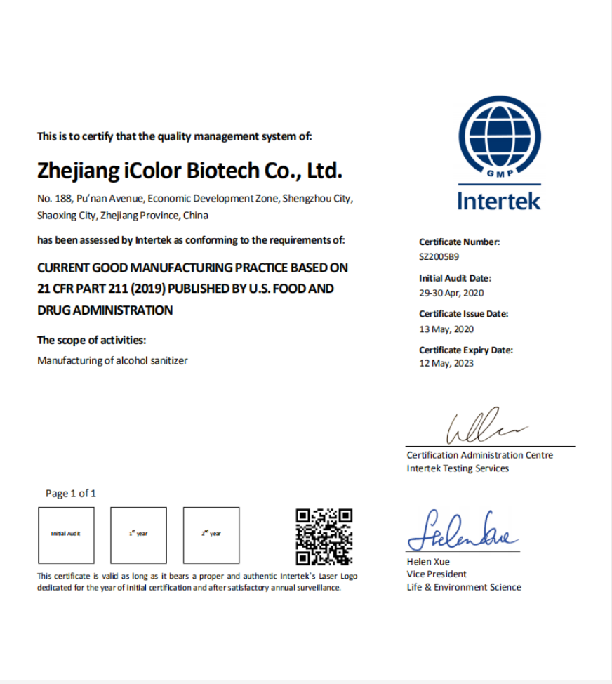 Zhejiang iColor Biotech Co., Ltd. Hand Sanitizer