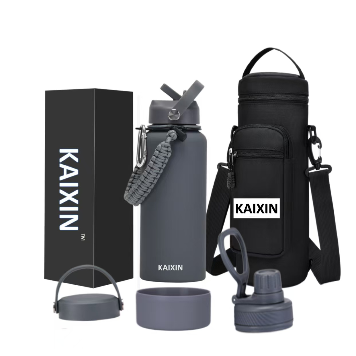 Hunan Kaixin Industrial And Trading Co., Ltd. Luxury Design 32oz Vacuum Insulated Water Bottle Silicone Base Straw Spout Lids Paracord Handle Shoulder Carrier Bag Gift Set