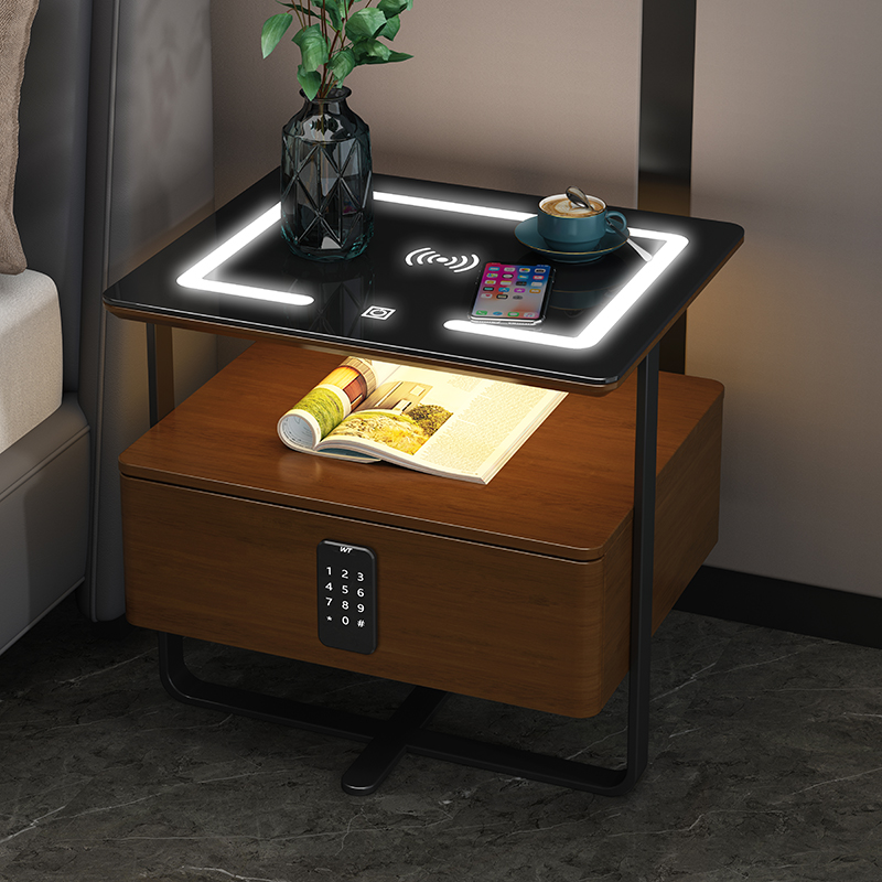 Smart bedside table wireless USB charging modern bedroom smart furniture speaker LED nightstand with fingerprint lock