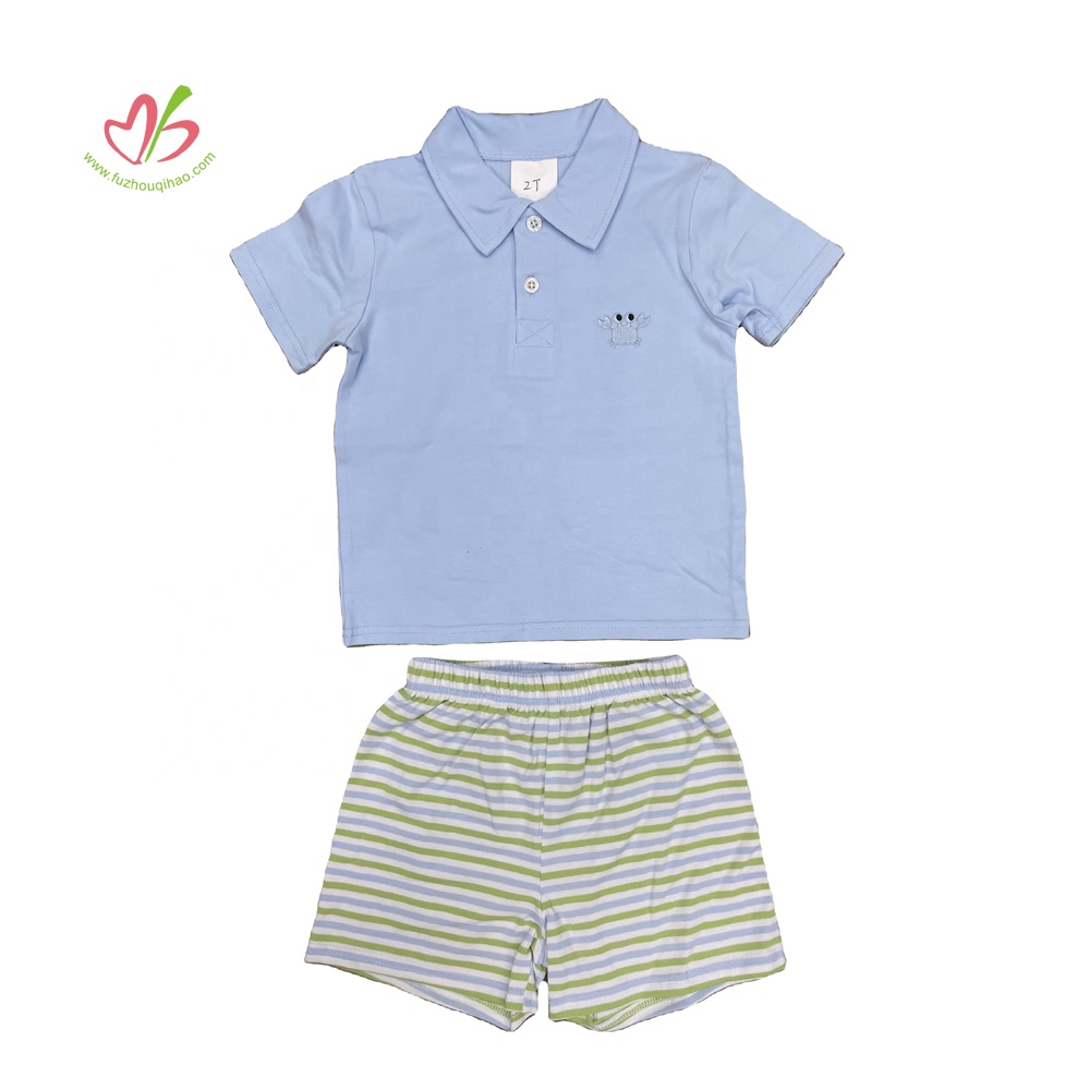 summer newest kids two pieces suits embroidery Polo-shirt stripe shorts children clothing sets custom baby boy boutique clothes