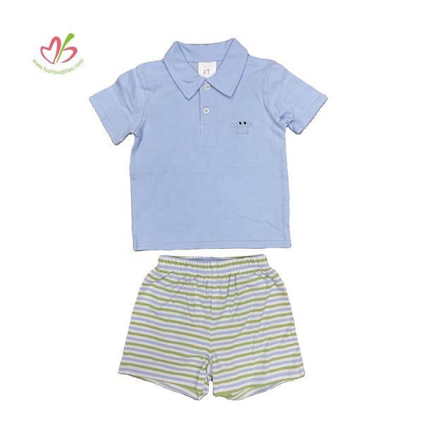 summer newest kids two pieces suits embroidery Polo-shirt stripe shorts children clothing sets custom baby boy boutique clothes