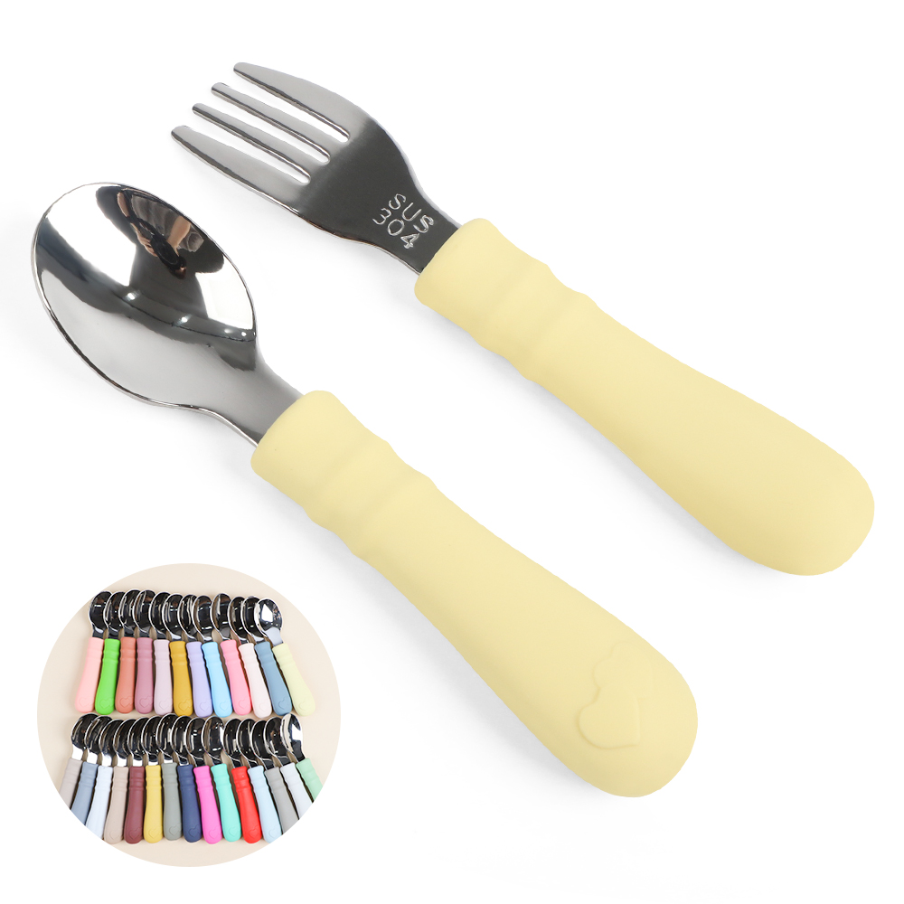 Newsun Baby Toddler Cute Cutlery Silicone Rubber Sus 304 Baby Spoon And Fork Set
