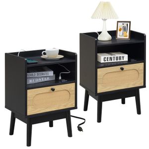 Factory wholesale modern black cane 2 pieces nightstand rattan bedside table set of two with charging station