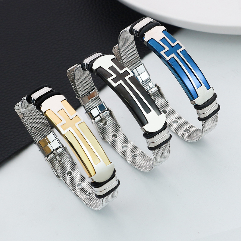 Nanning Shuheng International Trade Co., Ltd. Fashion adjustable black blue golden colors stainless steel cross bracelet for men and women